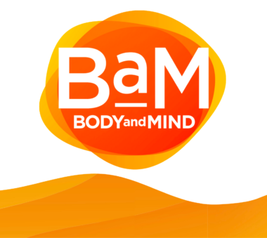 BaM Body and Mind logo with bold white text on an orange and yellow background.