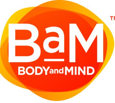 Logo with the text 'BaM BODY and MIND' in white over an orange and yellow abstract background